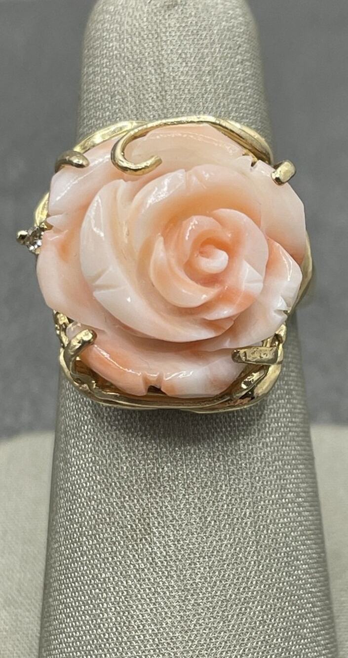 14K Yellow Gold Carved Rose/Flower Orange/Pink/White Ring (25807)